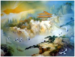 Wallpaper in treatment room the picture includes Cranes flying over pines and rocks passing a Chinese house to the sun shining